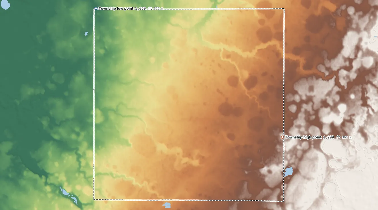 Topographic elevation map of Dunbar Township, Minnesota, shaded from 1,060 ft on the northwest side to 1,200 ft on the east side