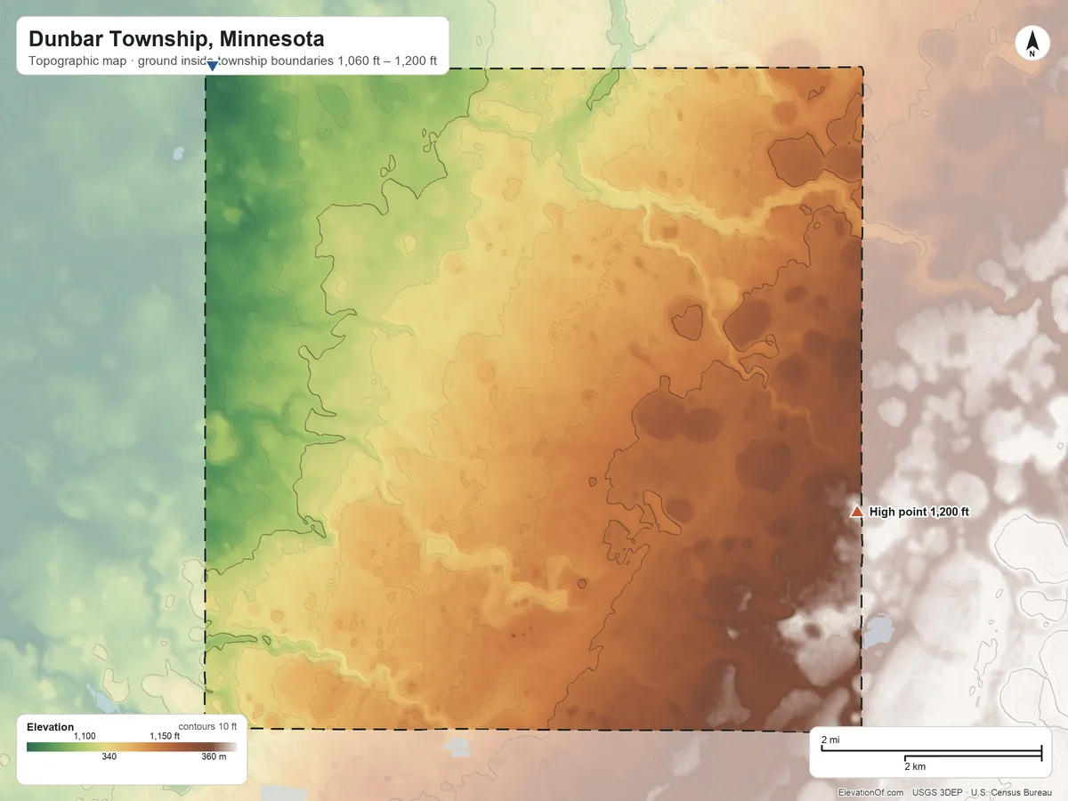 Topographic elevation map of Dunbar Township, Minnesota, shaded from 1,060 ft on the northwest side to 1,200 ft on the east side
