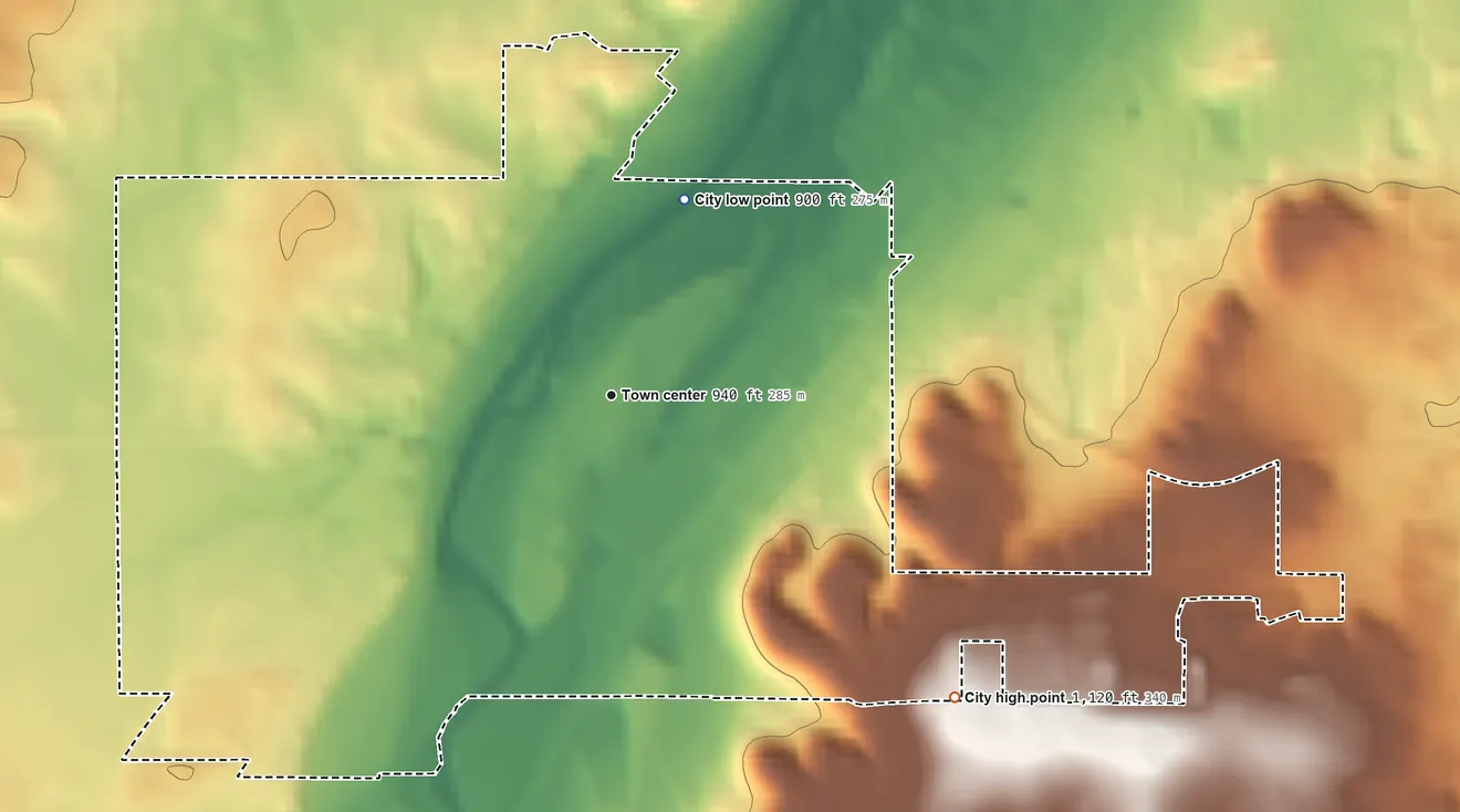 Topographic elevation map of Dundas, Minnesota, shaded from 900 ft on the north side to 1,120 ft on the southeast side