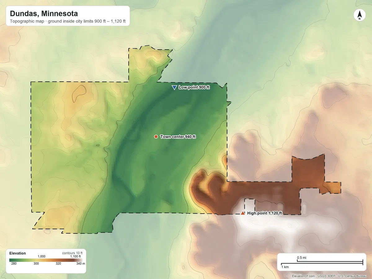 Topographic elevation map of Dundas, Minnesota, shaded from 900 ft on the north side to 1,120 ft on the southeast side