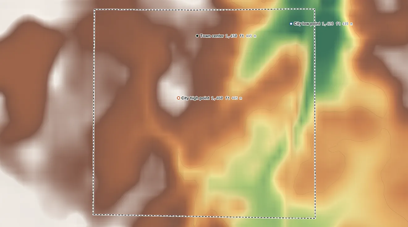 Topographic elevation map of Dundee, Minnesota, shaded from 1,420 ft on the east side to 1,460 ft on the south side