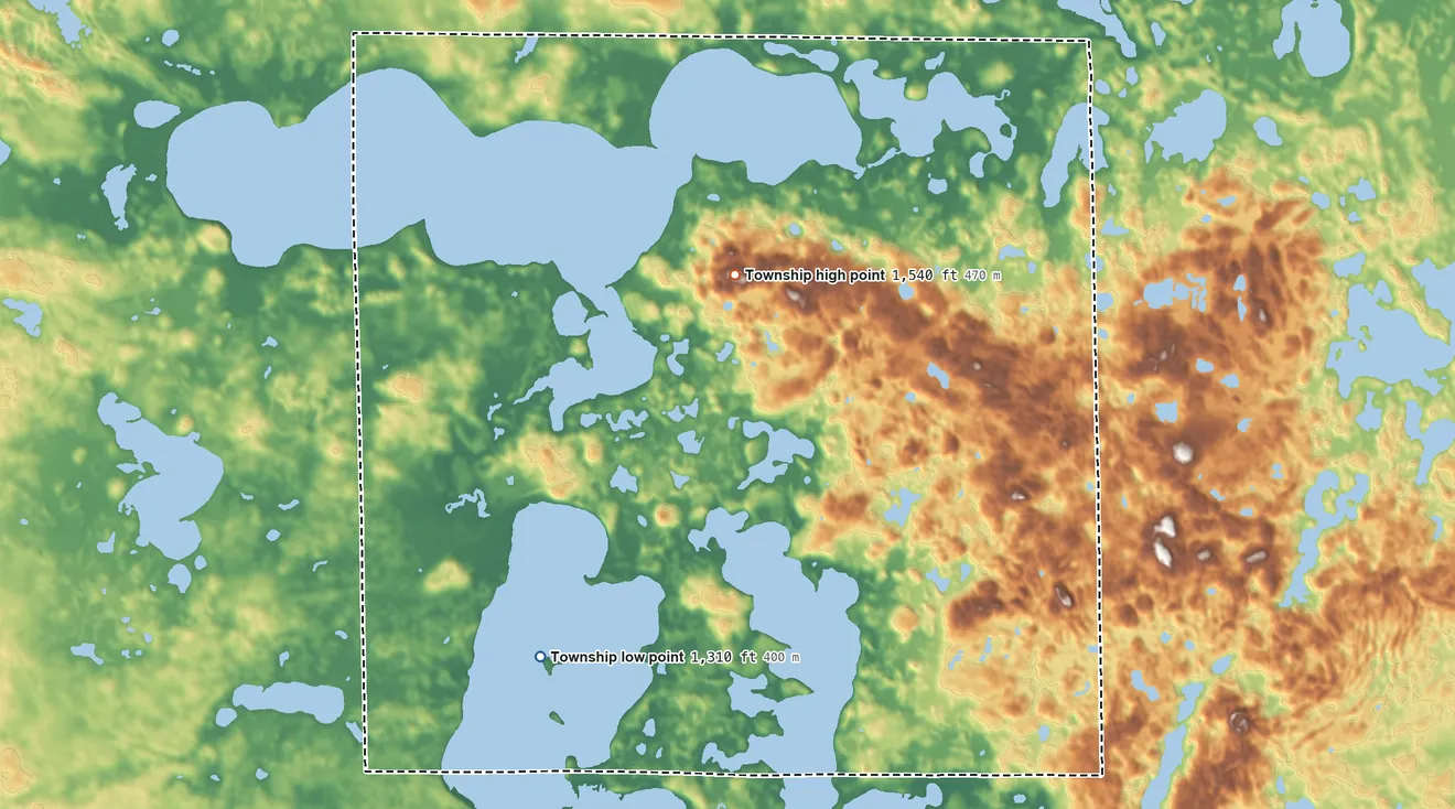 Topographic elevation map of Dunn Township, Minnesota, shaded from 1,310 ft on the southwest side to 1,540 ft on the north side