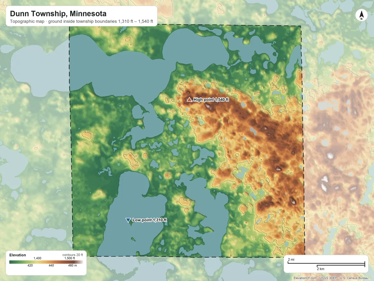 Topographic elevation map of Dunn Township, Minnesota, shaded from 1,310 ft on the southwest side to 1,540 ft on the north side