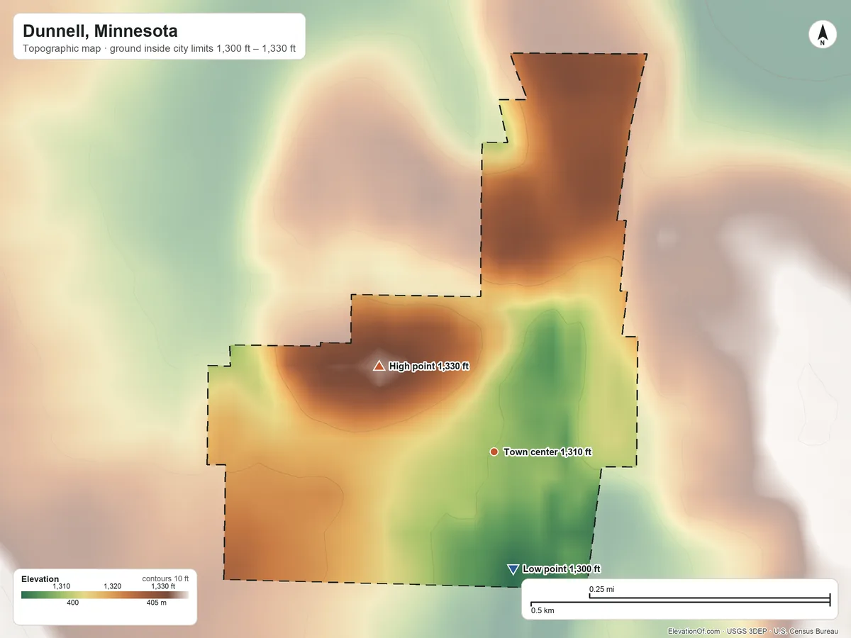 Topographic elevation map of Dunnell, Minnesota, shaded from 1,300 ft on the south side to 1,330 ft on the northwest side