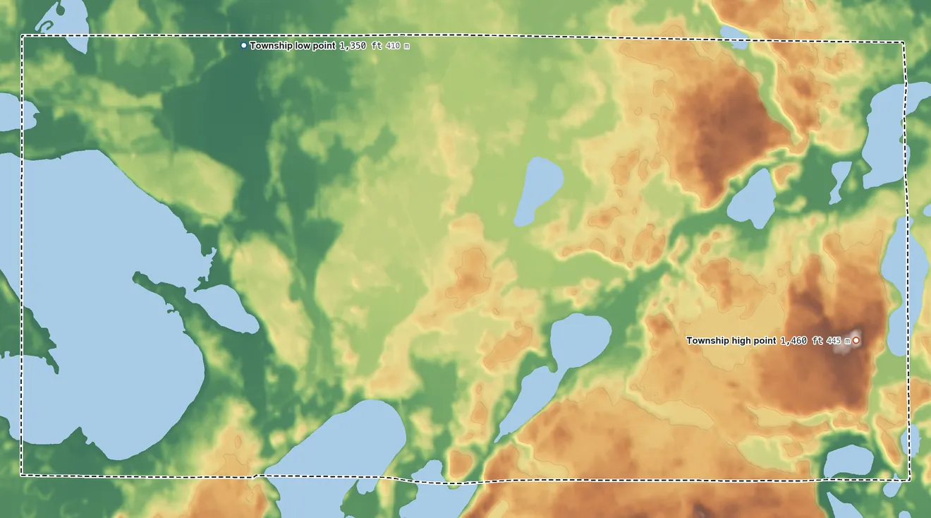 Topographic elevation map of Durand Township, Minnesota, shaded from 1,350 ft on the north side to 1,460 ft on the east side