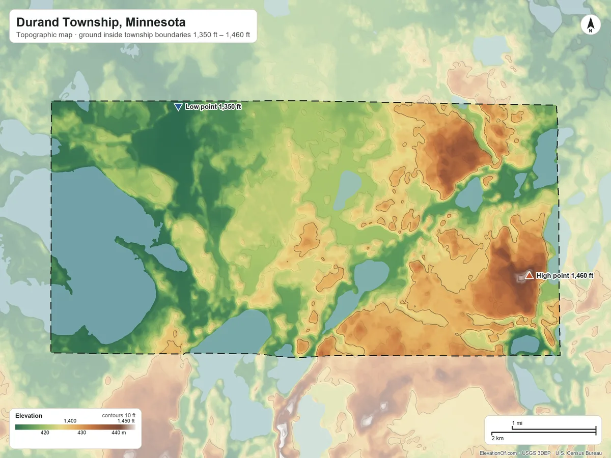 Topographic elevation map of Durand Township, Minnesota, shaded from 1,350 ft on the north side to 1,460 ft on the east side