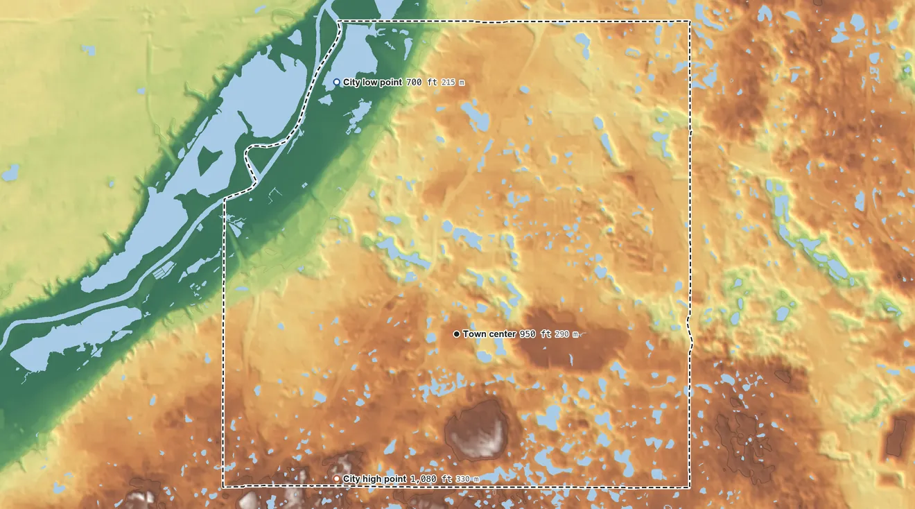 Topographic elevation map of Eagan, Minnesota, shaded from 700 ft on the northwest side to 1,080 ft on the southwest side