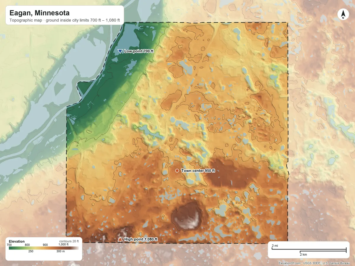 Topographic elevation map of Eagan, Minnesota, shaded from 700 ft on the northwest side to 1,080 ft on the southwest side