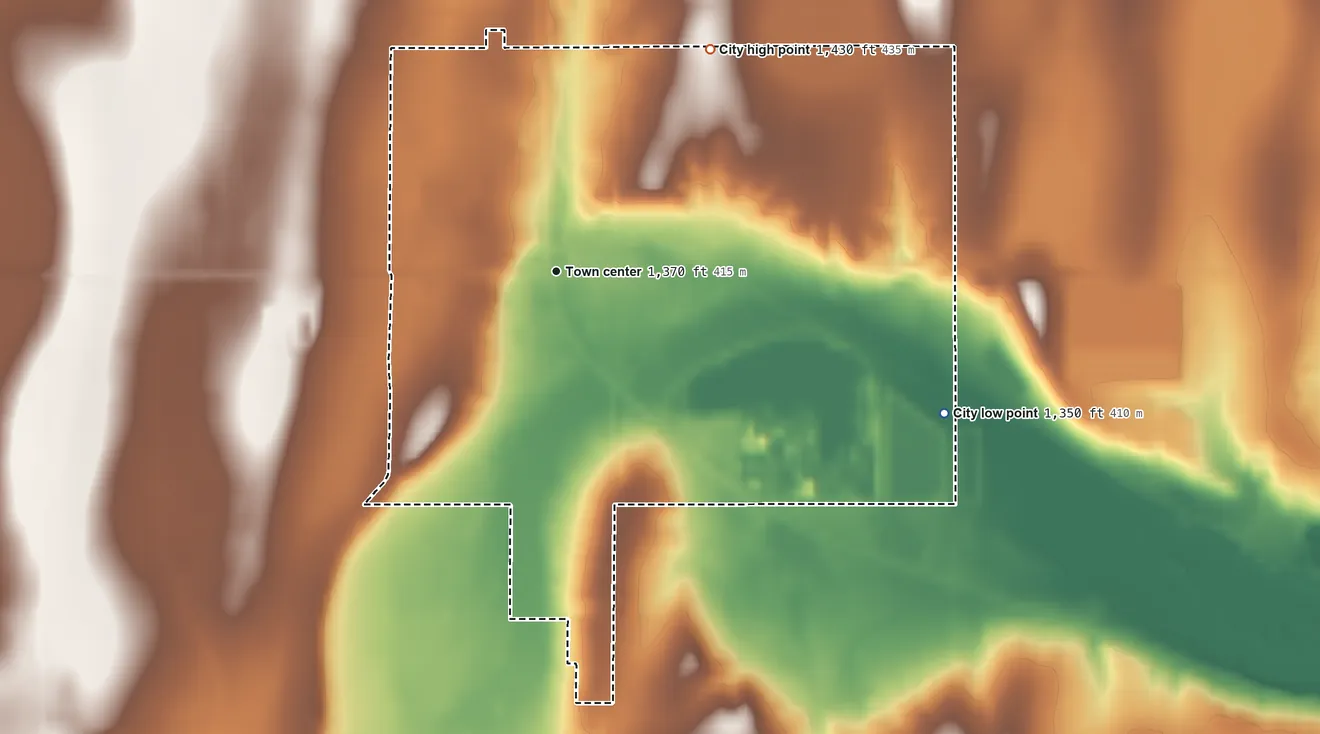 Topographic elevation map of Eagle Bend, Minnesota, shaded from 1,350 ft on the east side to 1,430 ft on the northeast side