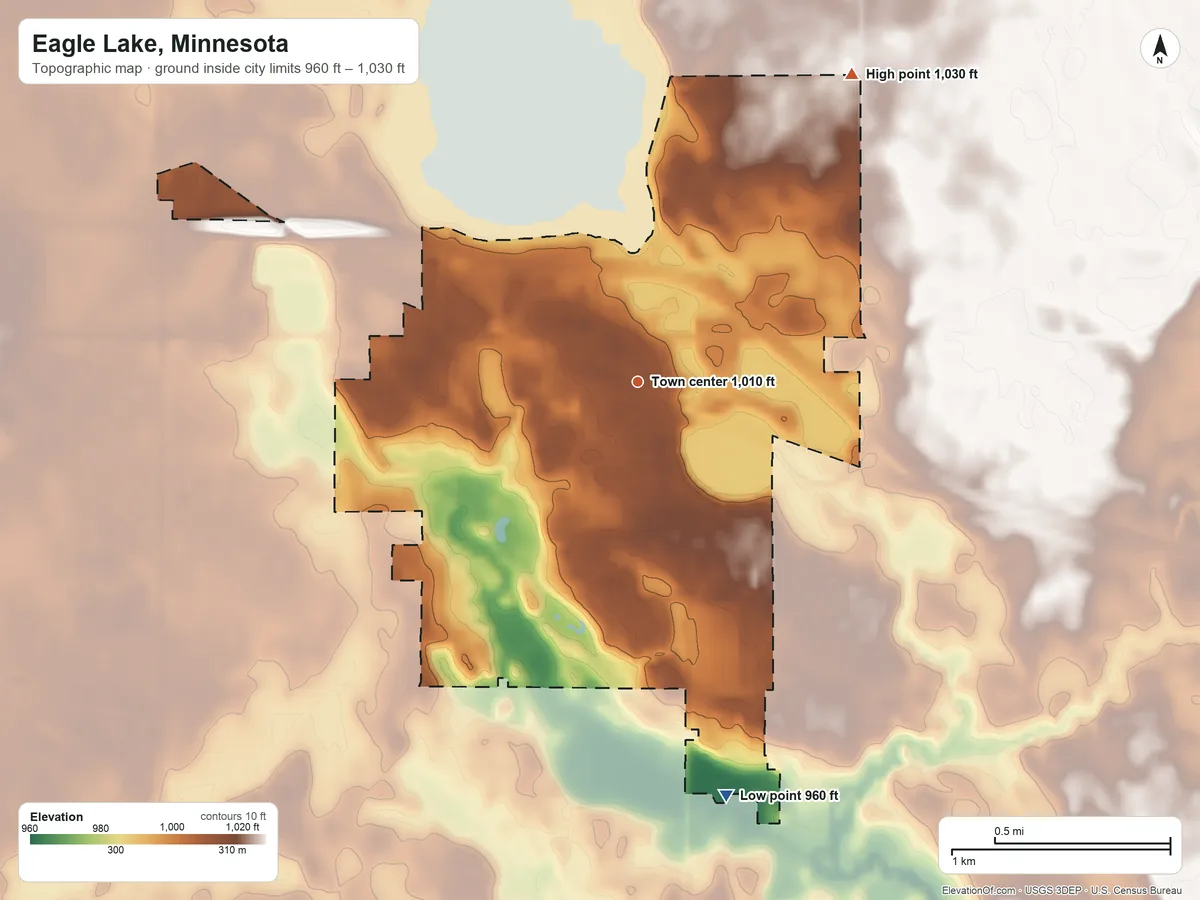 Topographic elevation map of Eagle Lake, Minnesota, shaded from 960 ft on the south side to 1,030 ft on the northeast side