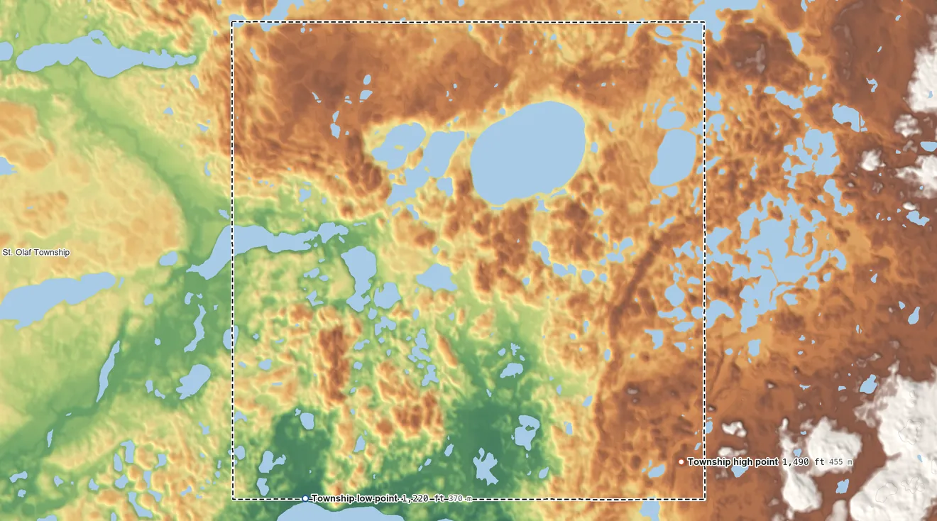 Topographic elevation map of Eagle Lake Township, Minnesota, shaded from 1,220 ft on the southwest side to 1,490 ft on the southeast side