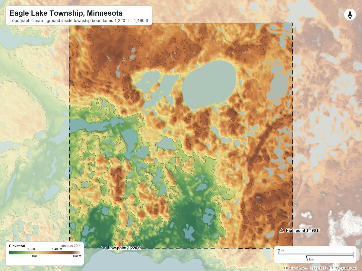 Topographic elevation map of Eagle Lake Township, Minnesota, shaded from 1,220 ft on the southwest side to 1,490 ft on the southeast side