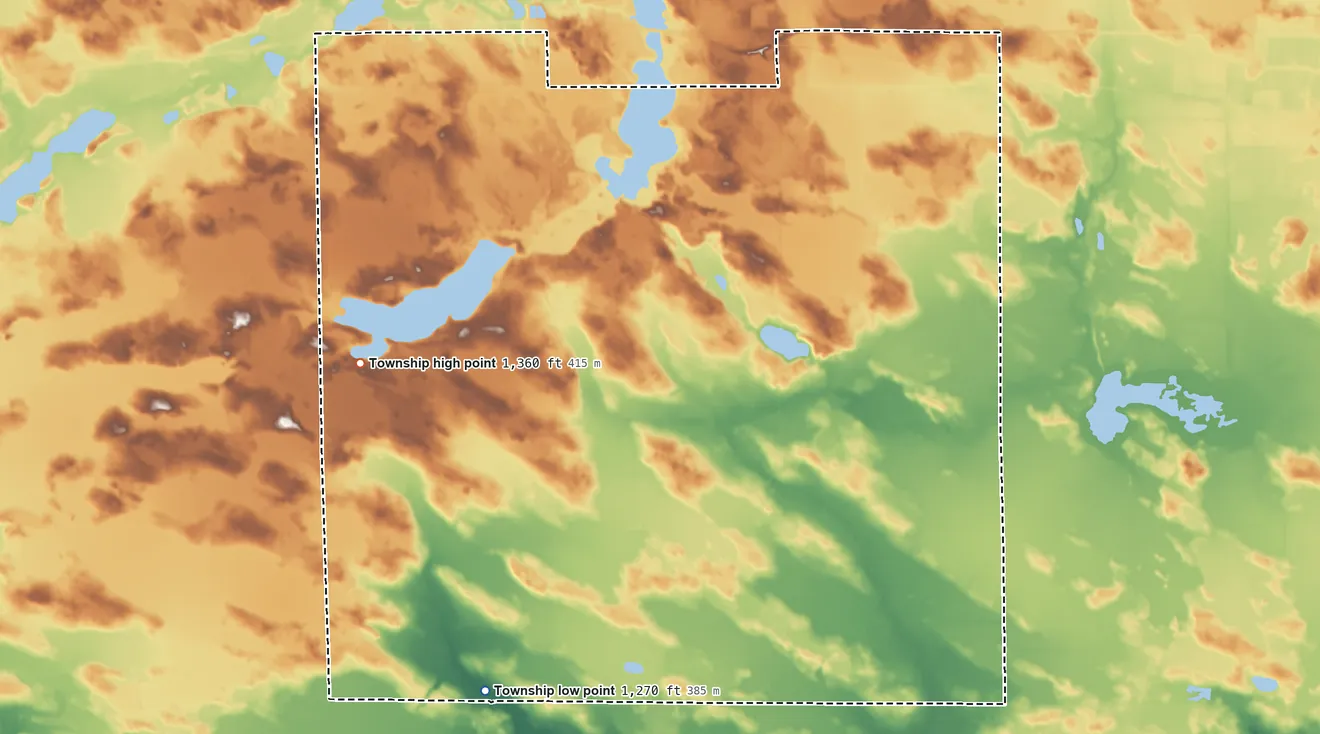 Topographic elevation map of Eagle Township, Minnesota, shaded from 1,270 ft on the south side to 1,360 ft on the west side