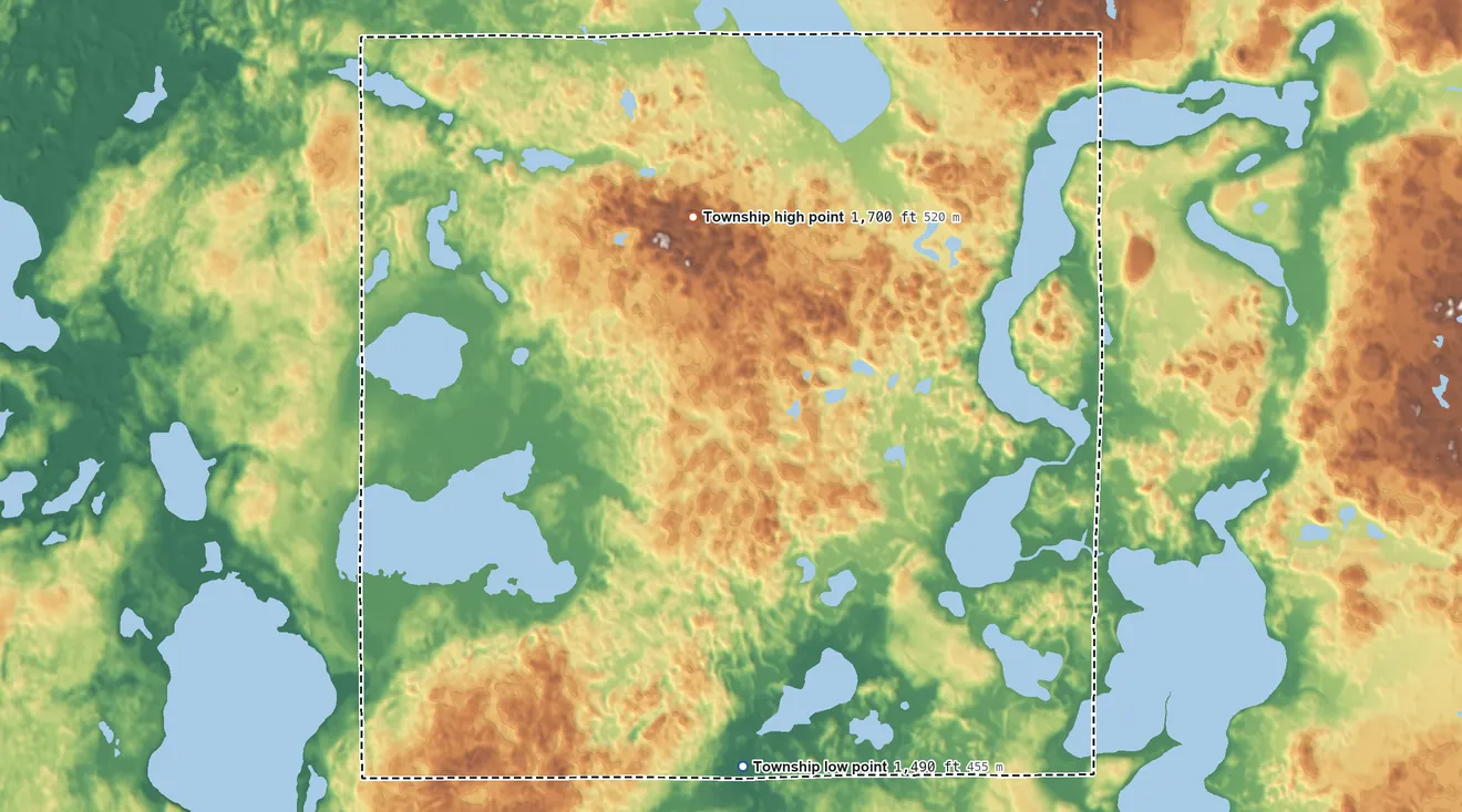 Topographic elevation map of Eagle View Township, Minnesota, shaded from 1,490 ft on the southwest side to 1,700 ft on the west side