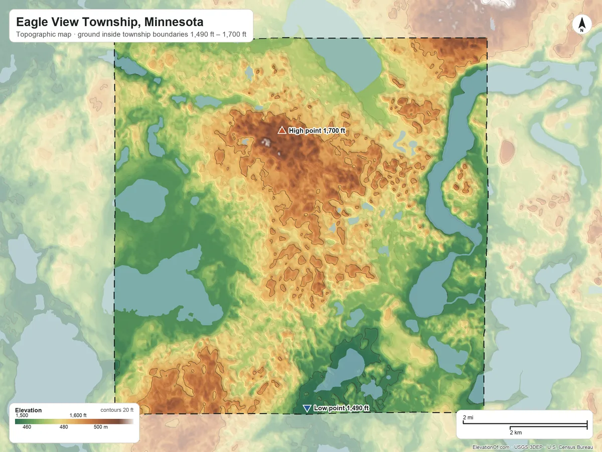 Topographic elevation map of Eagle View Township, Minnesota, shaded from 1,490 ft on the southwest side to 1,700 ft on the west side