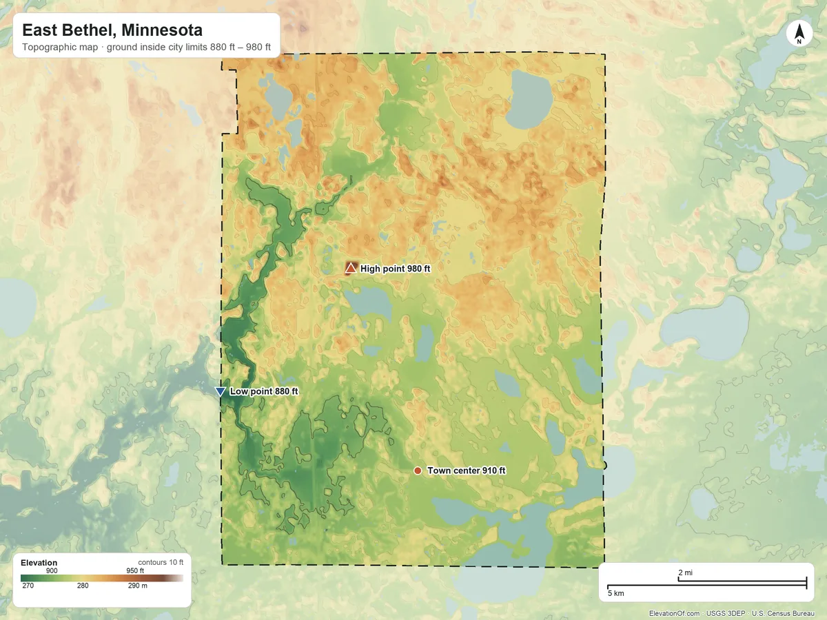 Topographic elevation map of East Bethel, Minnesota, shaded from 880 ft on the west side to 980 ft on the north side