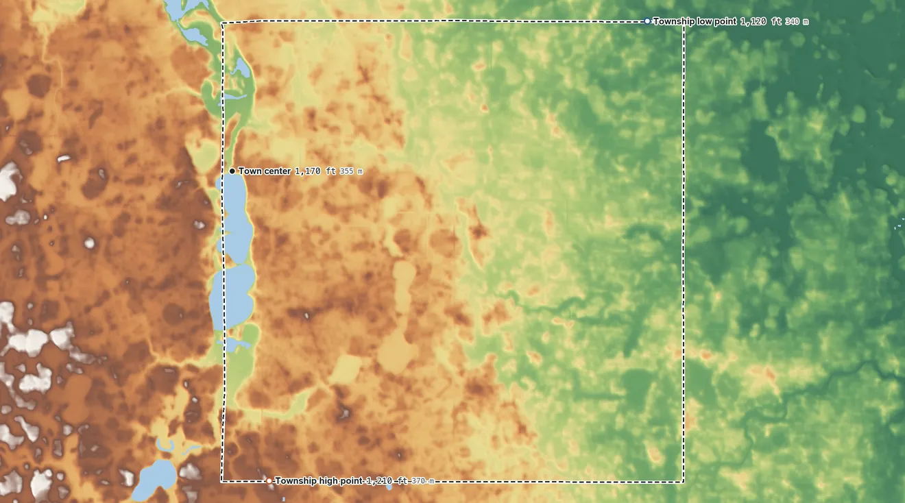 Topographic elevation map of East Chain Township, Minnesota, shaded from 1,120 ft on the east side to 1,210 ft on the south side
