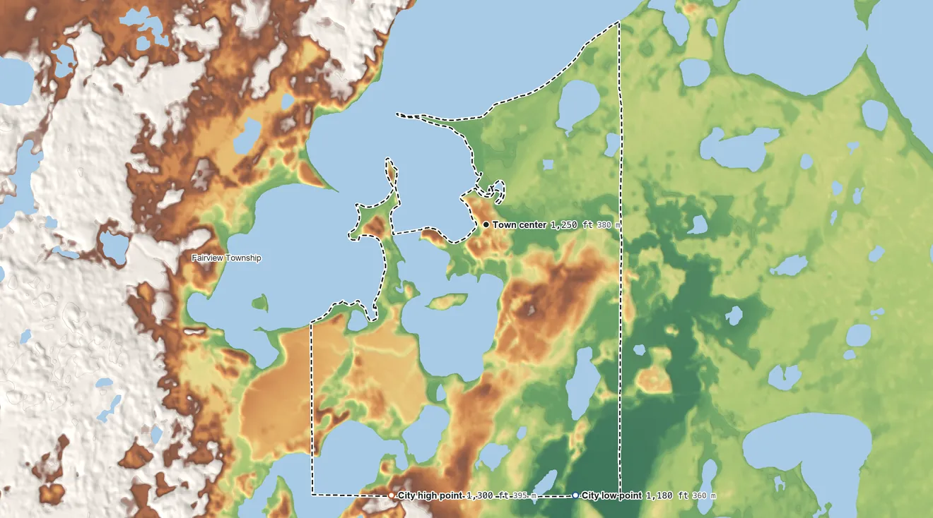 Topographic elevation map of East Gull Lake, Minnesota, shaded from 1,180 ft on the south side to 1,300 ft on the south side