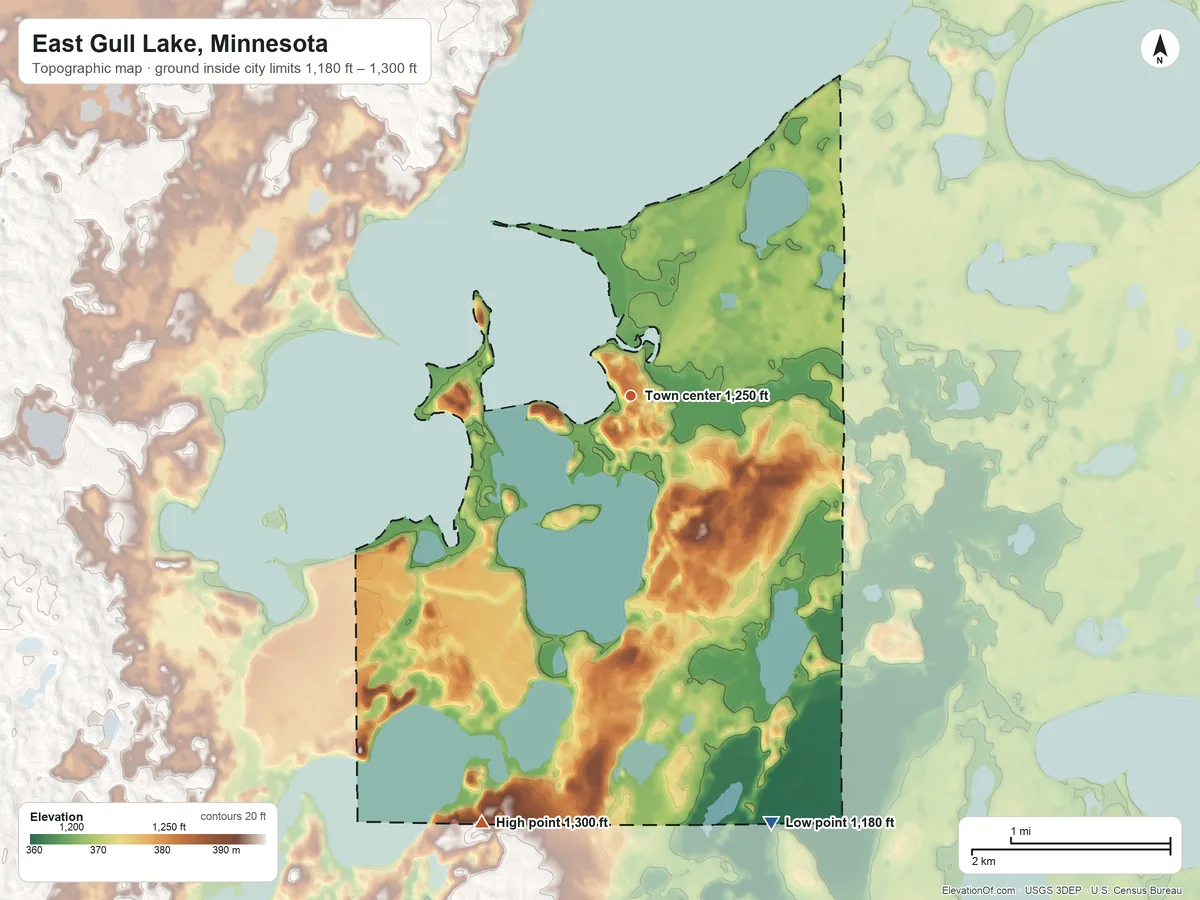 Topographic elevation map of East Gull Lake, Minnesota, shaded from 1,180 ft on the south side to 1,300 ft on the south side