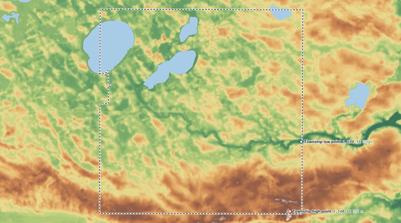 Topographic elevation map of East Lake Lillian Township, Minnesota, shaded from 1,100 ft on the east side to 1,140 ft on the southeast side