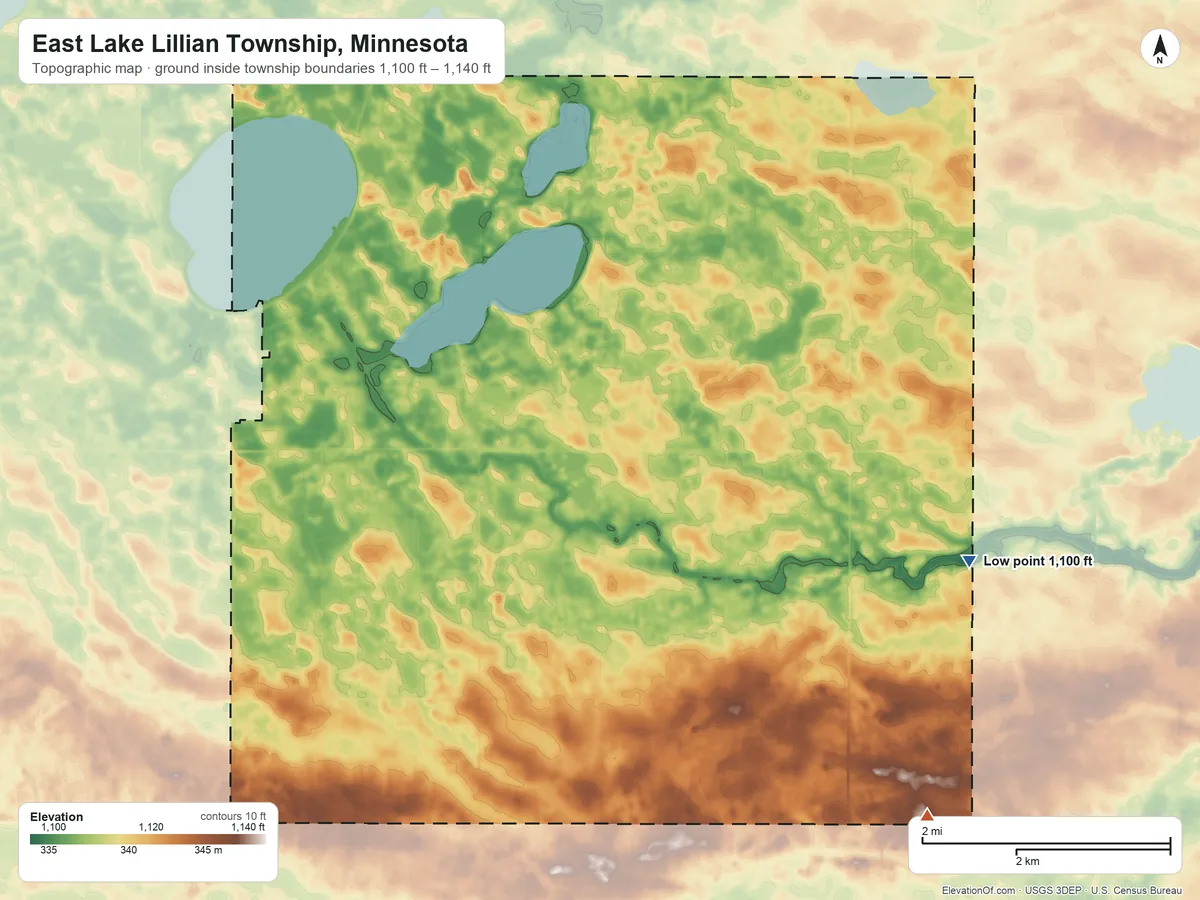 Topographic elevation map of East Lake Lillian Township, Minnesota, shaded from 1,100 ft on the east side to 1,140 ft on the southeast side