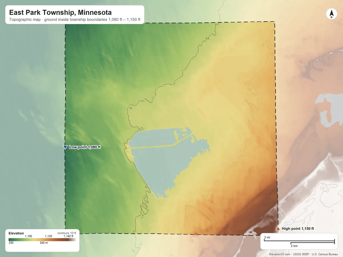 Topographic elevation map of East Park Township, Minnesota, shaded from 1,080 ft on the west side to 1,150 ft on the south side