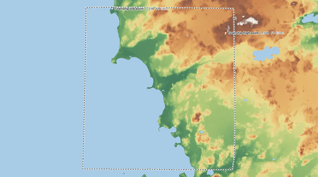 Topographic elevation map of East Side Township, Minnesota, shaded from 1,250 ft on the northwest side to 1,340 ft on the northeast side