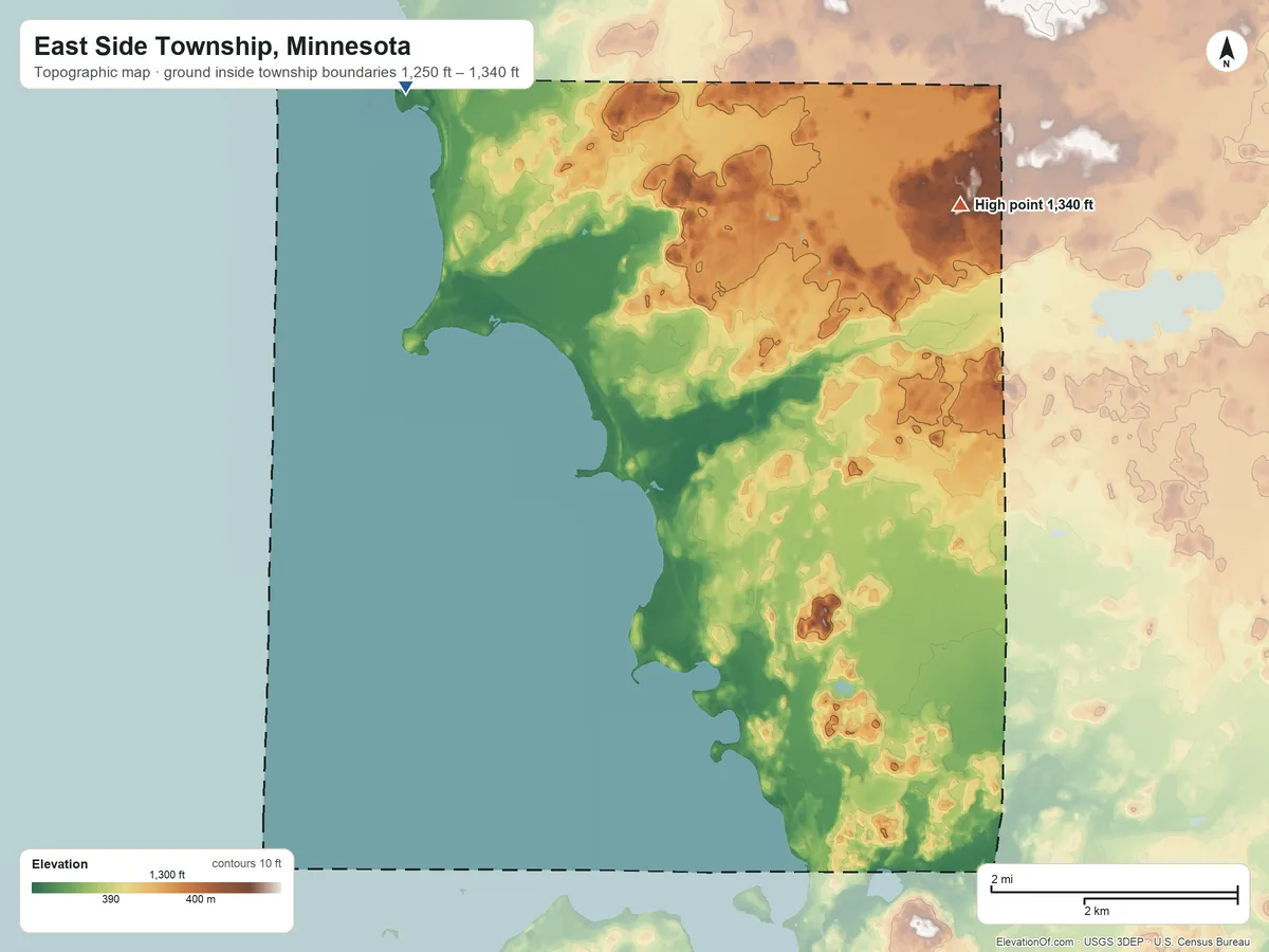 Topographic elevation map of East Side Township, Minnesota, shaded from 1,250 ft on the northwest side to 1,340 ft on the northeast side