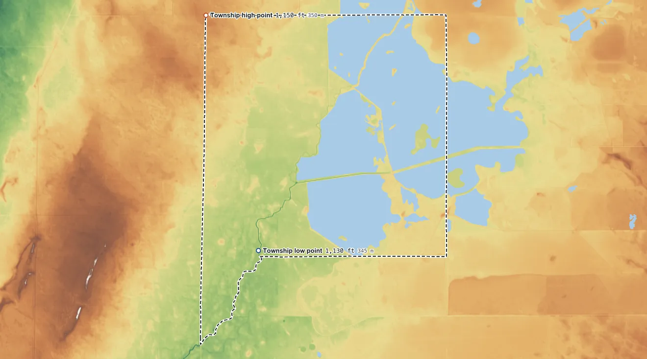 Topographic elevation map of East Valley Township, Minnesota, shaded from 1,130 ft on the south side to 1,150 ft on the north side