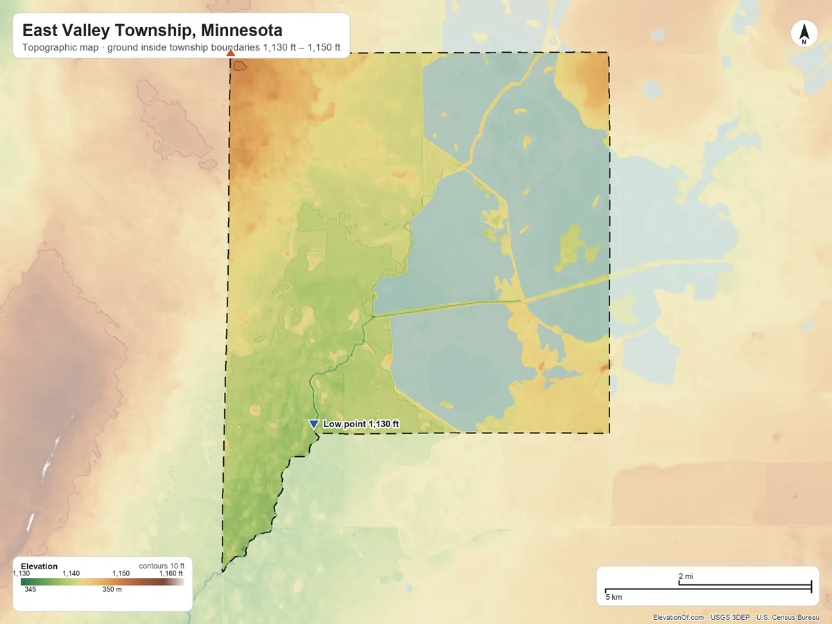 Topographic elevation map of East Valley Township, Minnesota, shaded from 1,130 ft on the south side to 1,150 ft on the north side