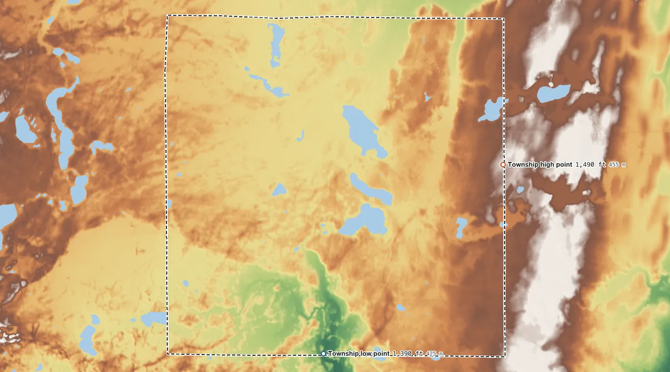 Topographic elevation map of Eastern Township, Minnesota, shaded from 1,390 ft on the south side to 1,490 ft on the northeast side