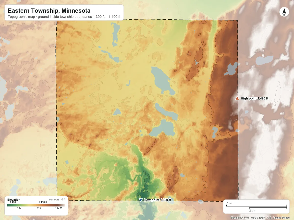 Topographic elevation map of Eastern Township, Minnesota, shaded from 1,390 ft on the south side to 1,490 ft on the northeast side