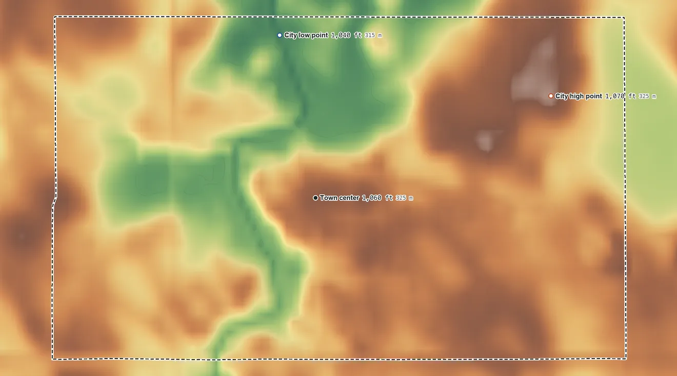 Topographic elevation map of Easton, Minnesota, shaded from 1,040 ft on the north side to 1,070 ft on the northeast side