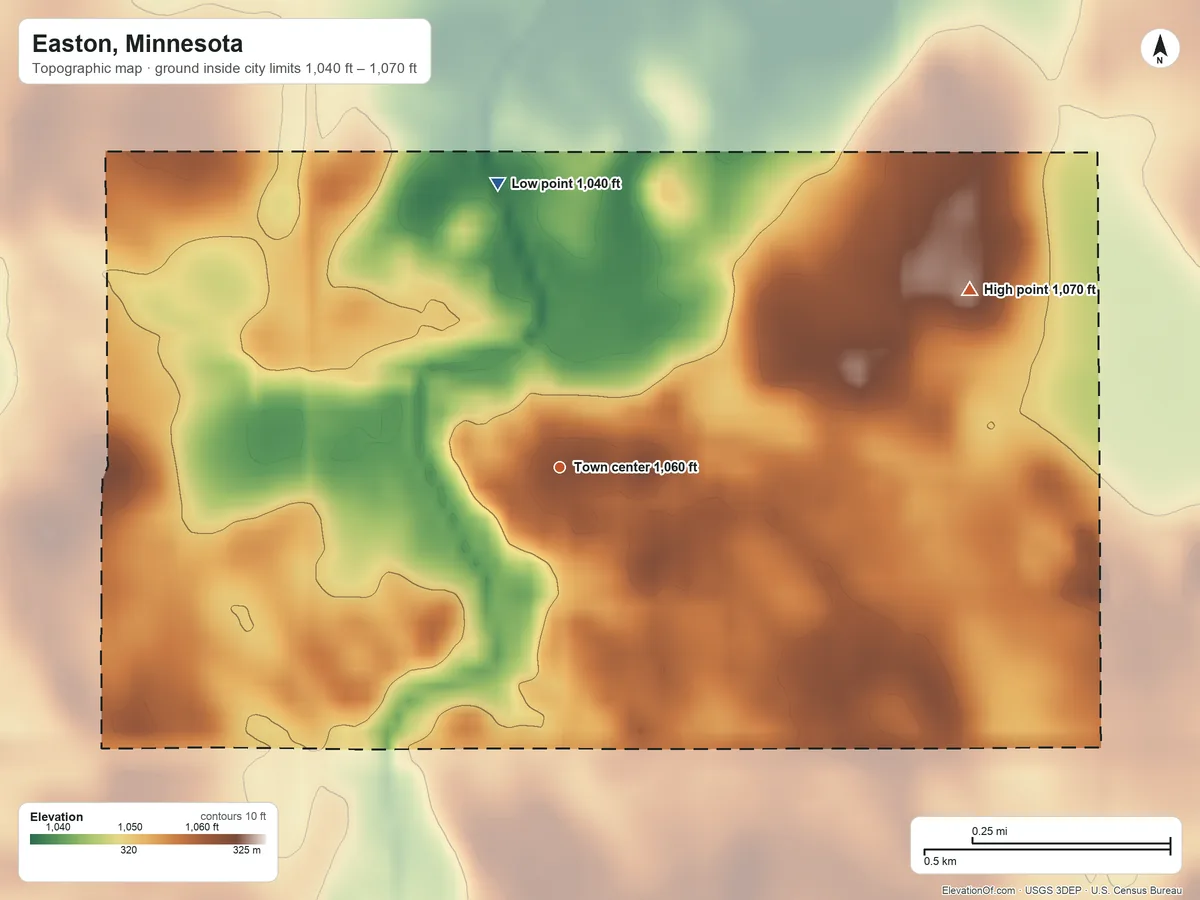 Topographic elevation map of Easton, Minnesota, shaded from 1,040 ft on the north side to 1,070 ft on the northeast side