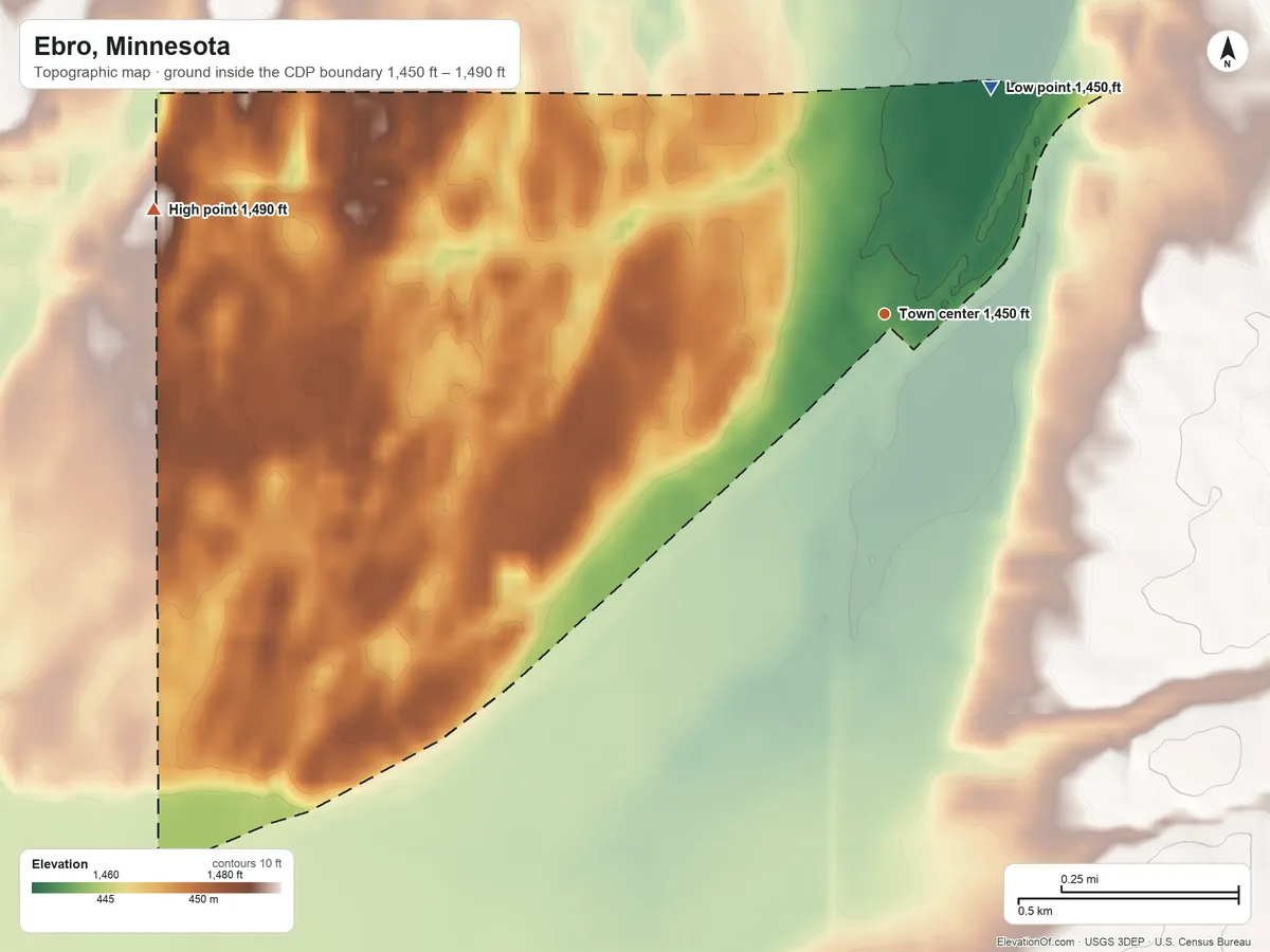Topographic elevation map of Ebro, Minnesota, shaded from 1,450 ft on the northeast side to 1,490 ft on the west side