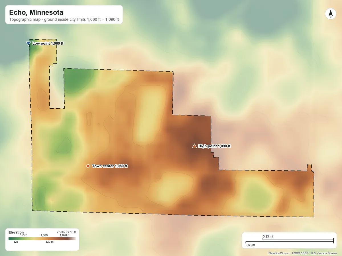 Topographic elevation map of Echo, Minnesota, shaded from 1,060 ft on the northwest side to 1,090 ft on the east side
