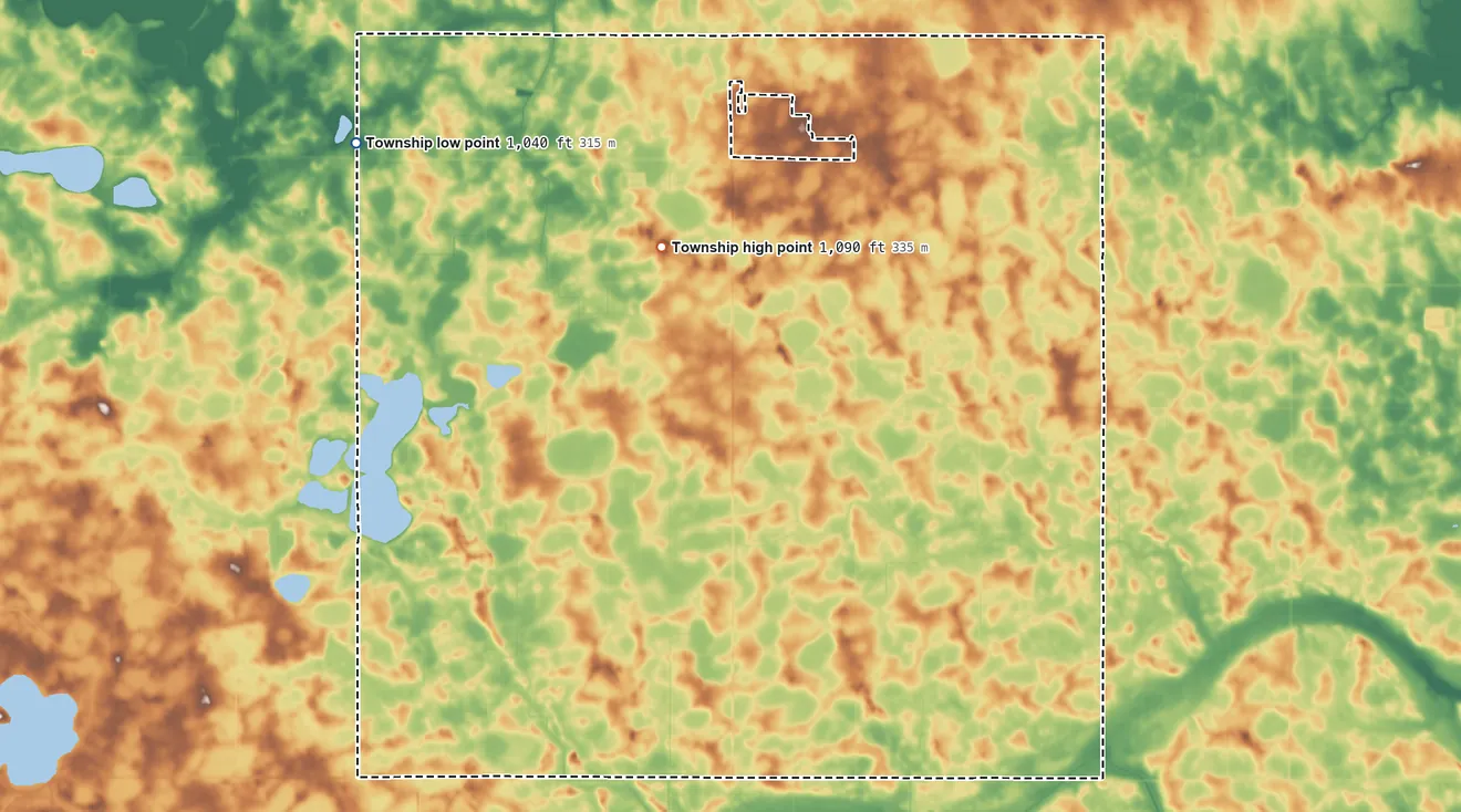 Topographic elevation map of Echo Township, Minnesota, shaded from 1,040 ft on the northwest side to 1,090 ft on the northwest side