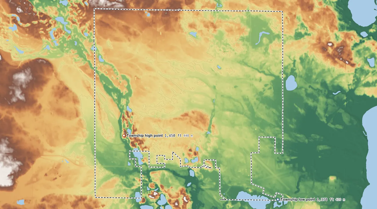 Topographic elevation map of Eckles Township, Minnesota, shaded from 1,370 ft on the southeast side to 1,450 ft on the west side