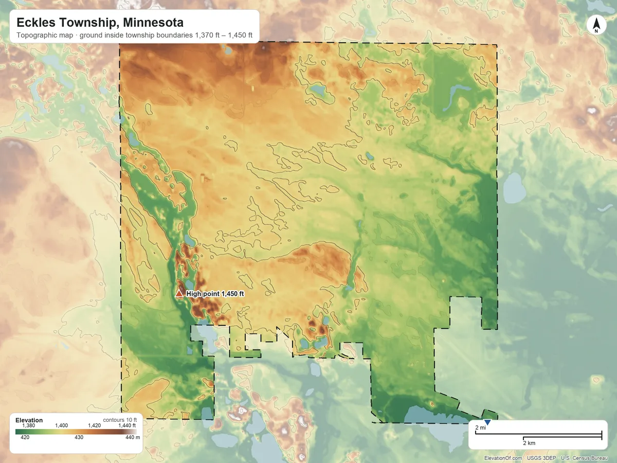 Topographic elevation map of Eckles Township, Minnesota, shaded from 1,370 ft on the southeast side to 1,450 ft on the west side