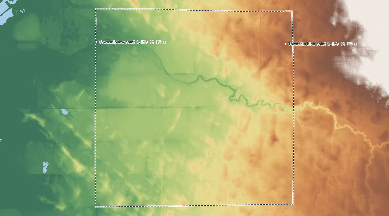 Topographic elevation map of Eckvoll Township, Minnesota, shaded from 1,150 ft on the west side to 1,170 ft on the northeast side