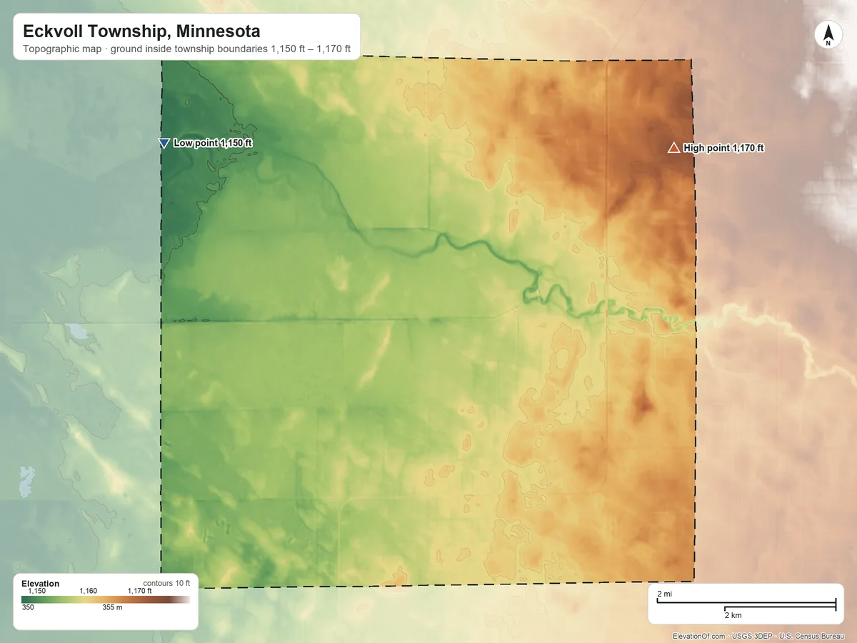 Topographic elevation map of Eckvoll Township, Minnesota, shaded from 1,150 ft on the west side to 1,170 ft on the northeast side