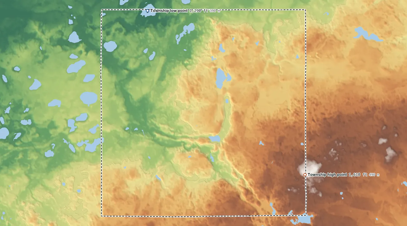 Topographic elevation map of Eddy Township, Minnesota, shaded from 1,290 ft on the northwest side to 1,610 ft on the southeast side