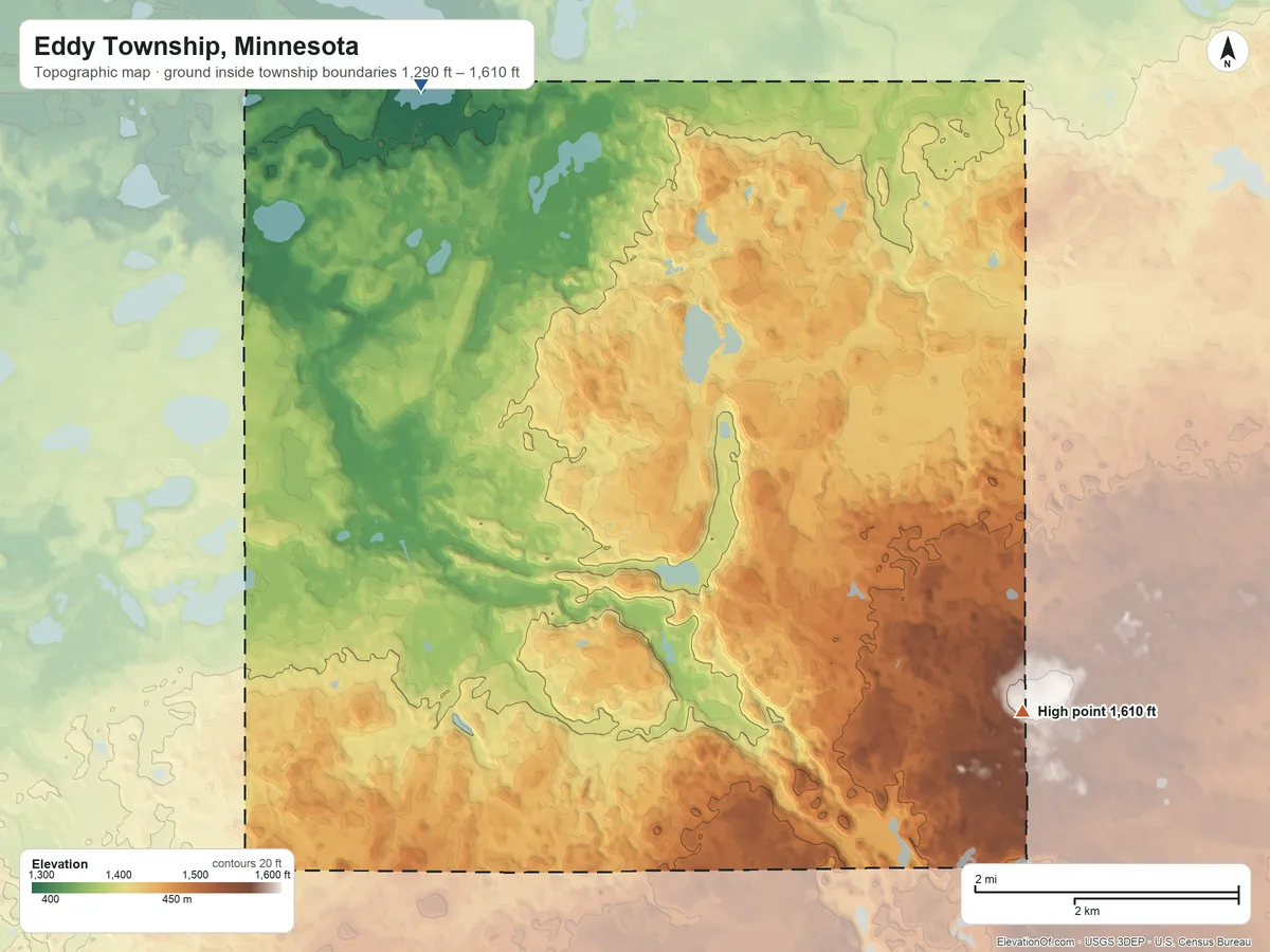 Topographic elevation map of Eddy Township, Minnesota, shaded from 1,290 ft on the northwest side to 1,610 ft on the southeast side
