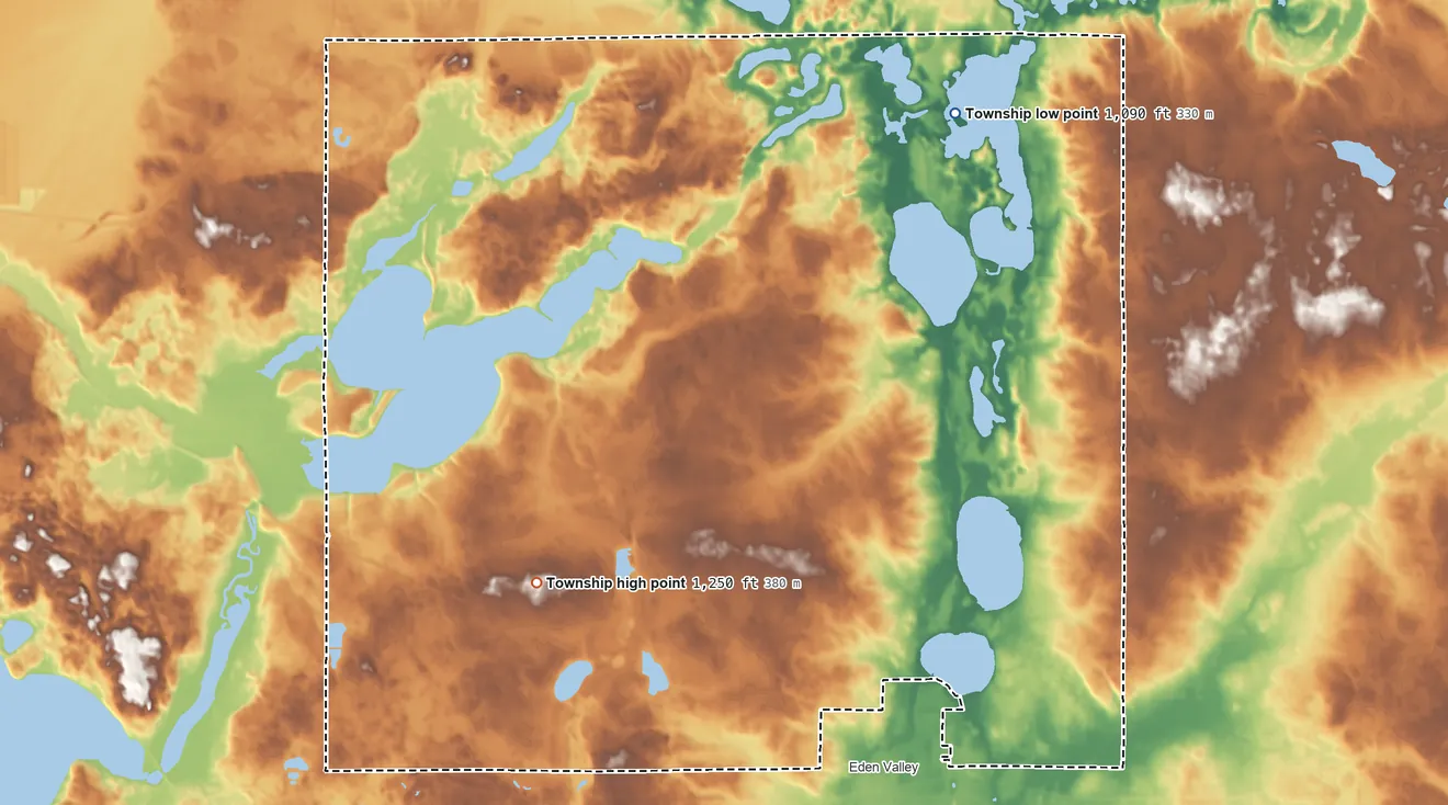Topographic elevation map of Eden Lake Township, Minnesota, shaded from 1,090 ft on the northeast side to 1,250 ft on the southwest side
