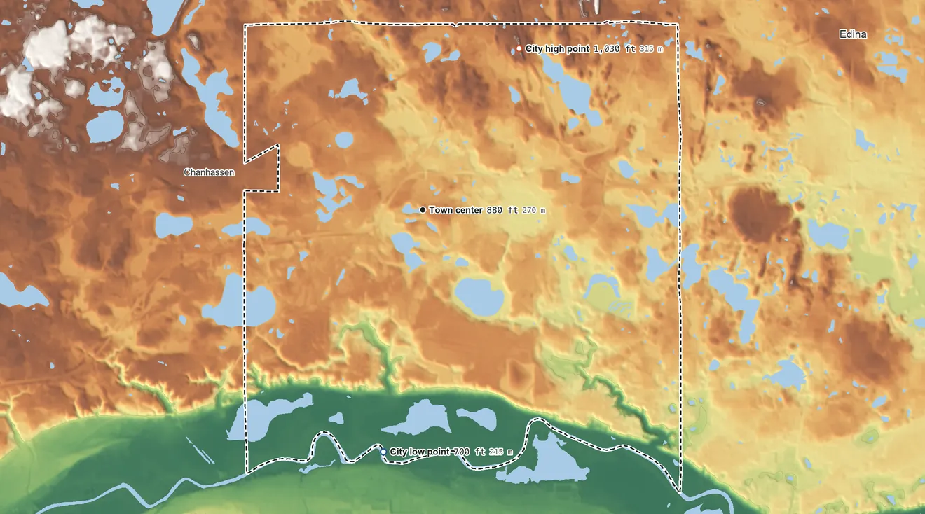 Topographic elevation map of Eden Prairie, Minnesota, shaded from 700 ft on the south side to 1,030 ft on the northeast side