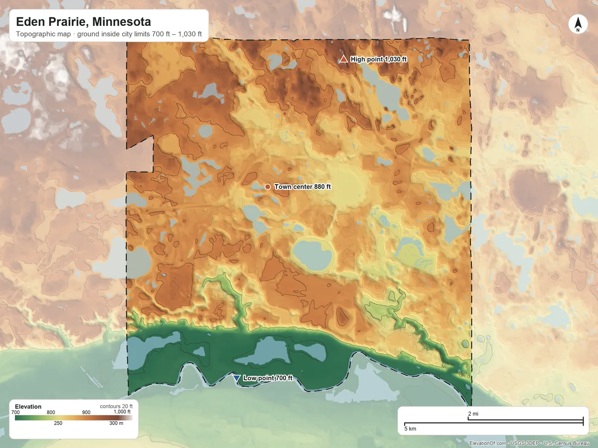 Topographic elevation map of Eden Prairie, Minnesota, shaded from 700 ft on the south side to 1,030 ft on the northeast side