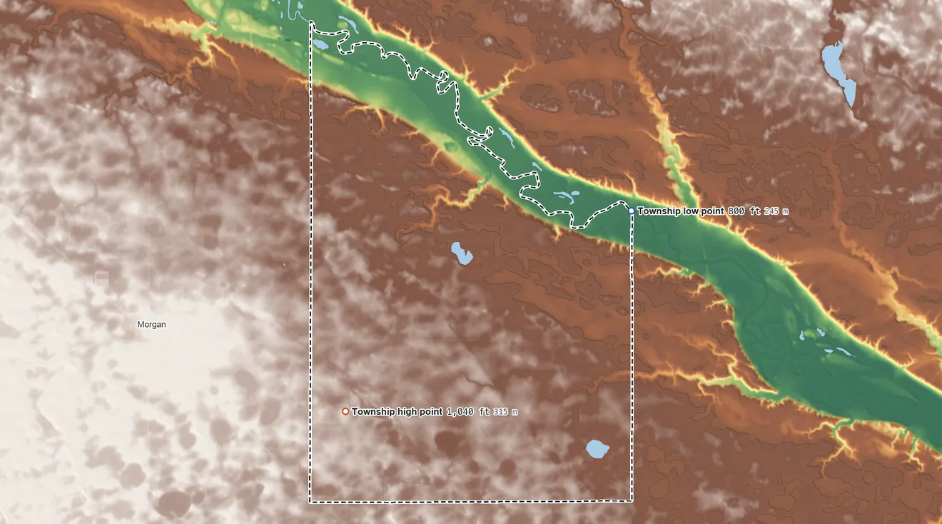 Topographic elevation map of Eden Township, Brown County, Minnesota, shaded from 800 ft on the northeast side to 1,040 ft on the southwest side