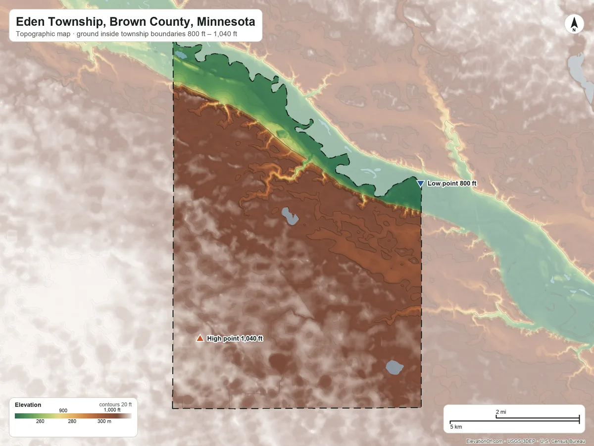 Topographic elevation map of Eden Township, Brown County, Minnesota, shaded from 800 ft on the northeast side to 1,040 ft on the southwest side