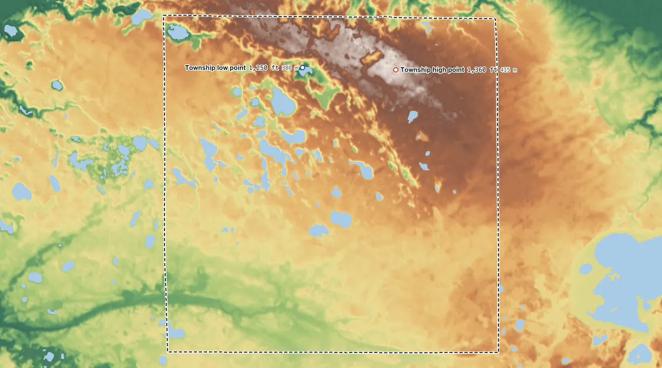 Topographic elevation map of Eden Township, Polk County, Minnesota, shaded from 1,250 ft on the north side to 1,360 ft on the northeast side