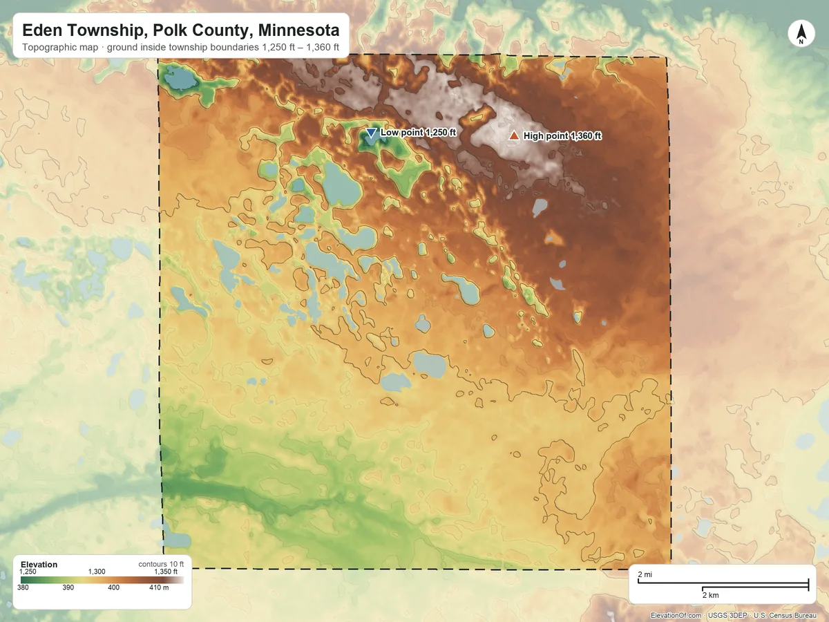 Topographic elevation map of Eden Township, Polk County, Minnesota, shaded from 1,250 ft on the north side to 1,360 ft on the northeast side
